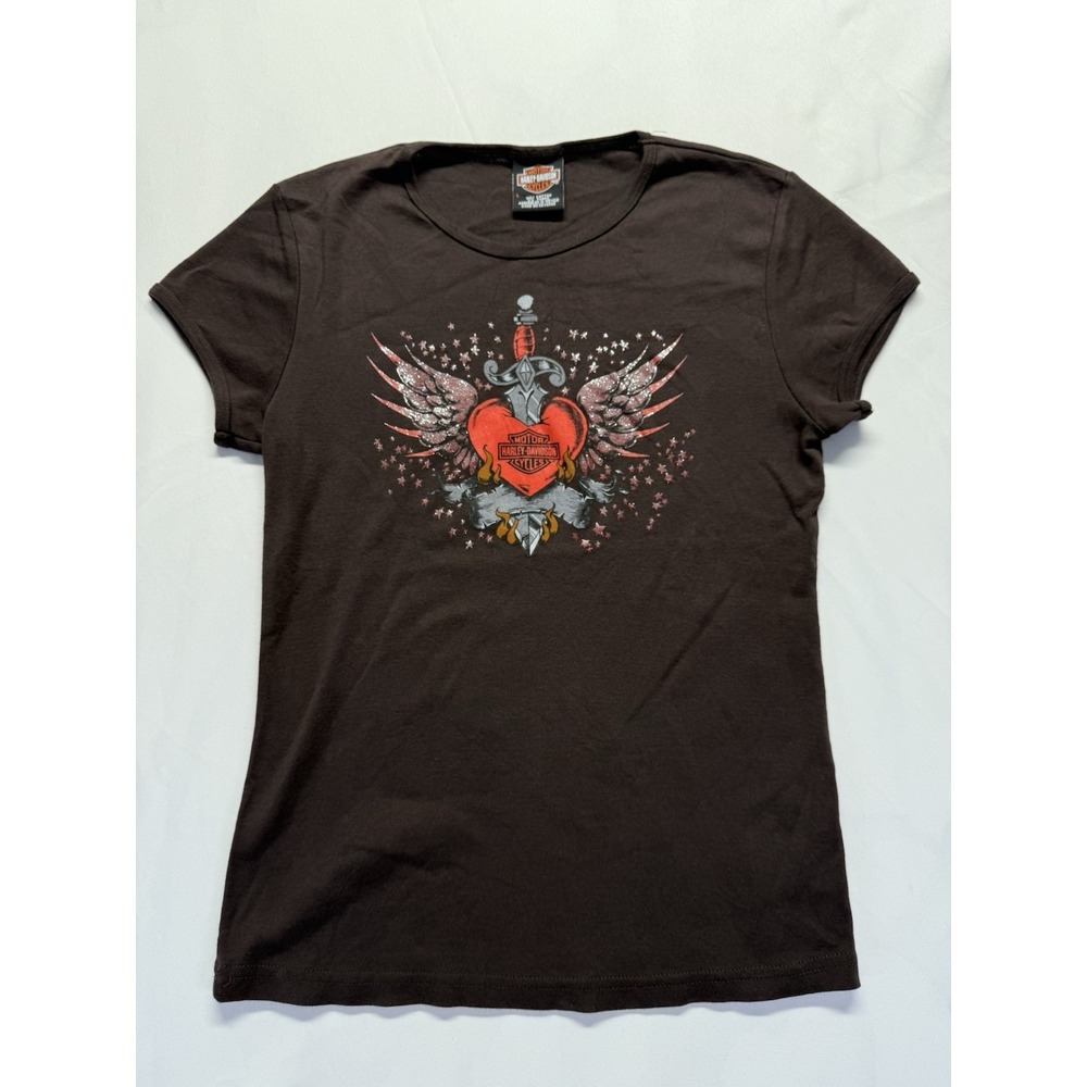 Harley Davidson Women's Tshirt L Heart‎ Wing Dagger Graphic Motorcycle Biker Tee
